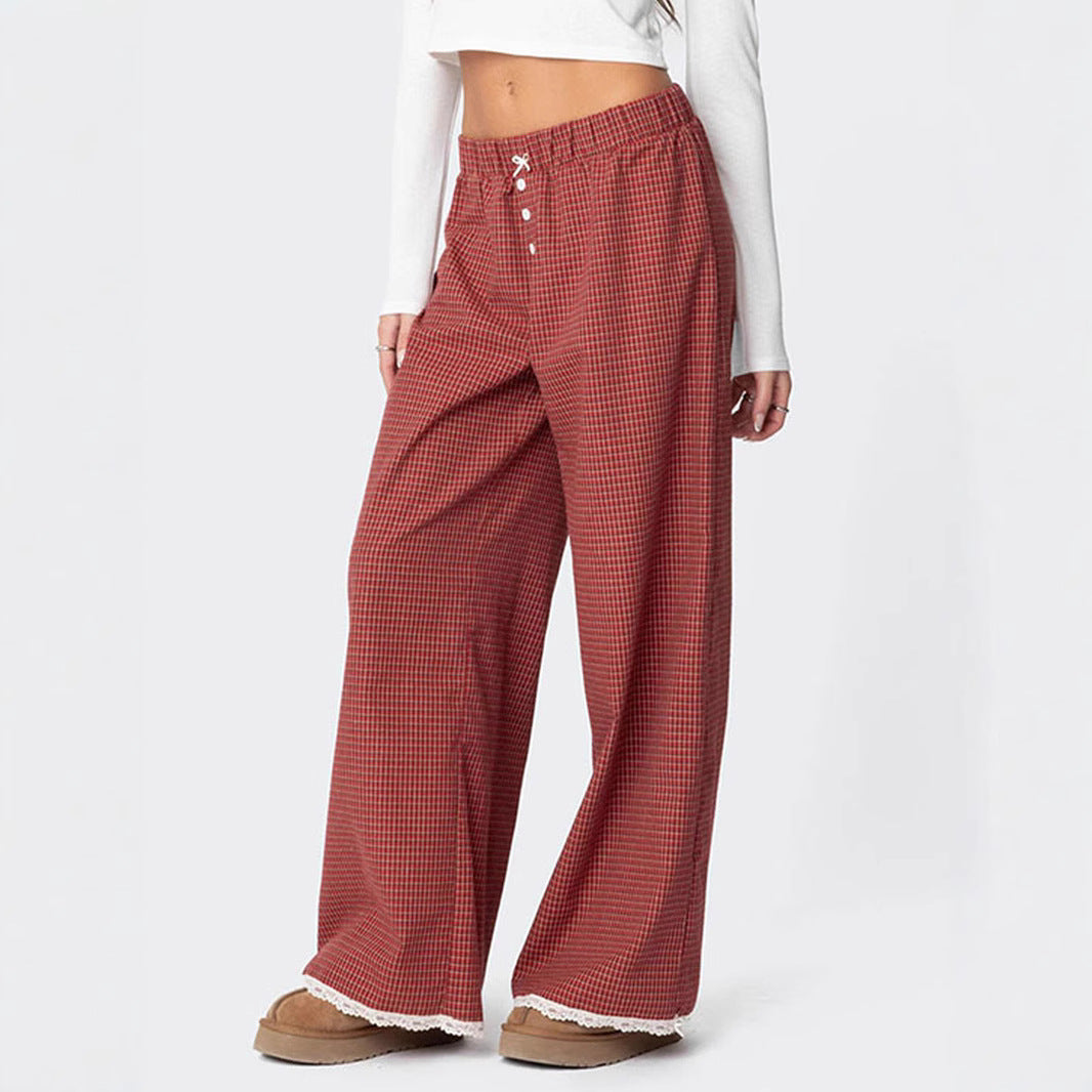 Women's Wide Lounge Pants with Elastic Waistband, Button Placket & Lace Trim Mune Fashion