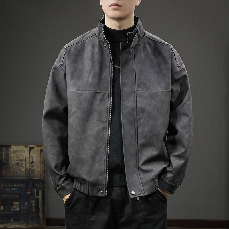 Men's Minimalist Vintage Faux Leather Bomber Jacket with Stand Collar and Concealed Snap Placket Mune Fashion