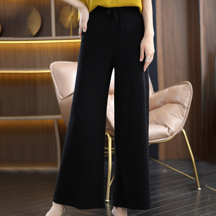 Women's High-Waist Palazzo Knit Pants with Drawstring and Cashmere-like Softness Mune Fashion