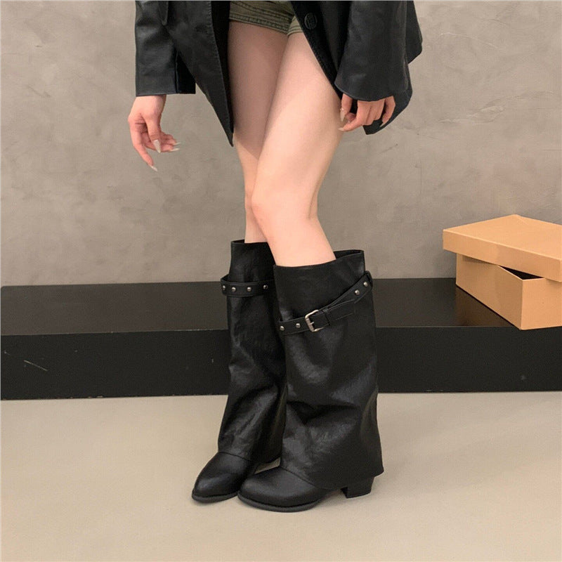 Ladies Soft Oversized Slouch-Overknee Boots with Adjustable Studded Buckle Strap Mune Fashion