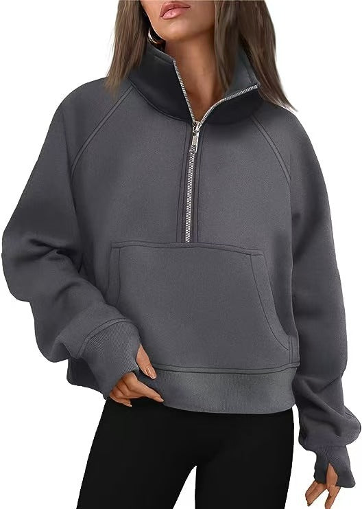 Women's short half-zip sweater with high stand collar, kangaroo pocket, and extended thumbholes Mune Fashion