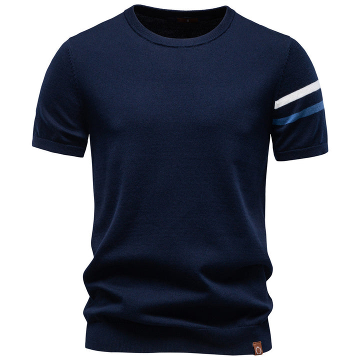 Men's fine cotton knit shirt with round neckline, short sleeves and contrasting sleeve stripes Mune Fashion