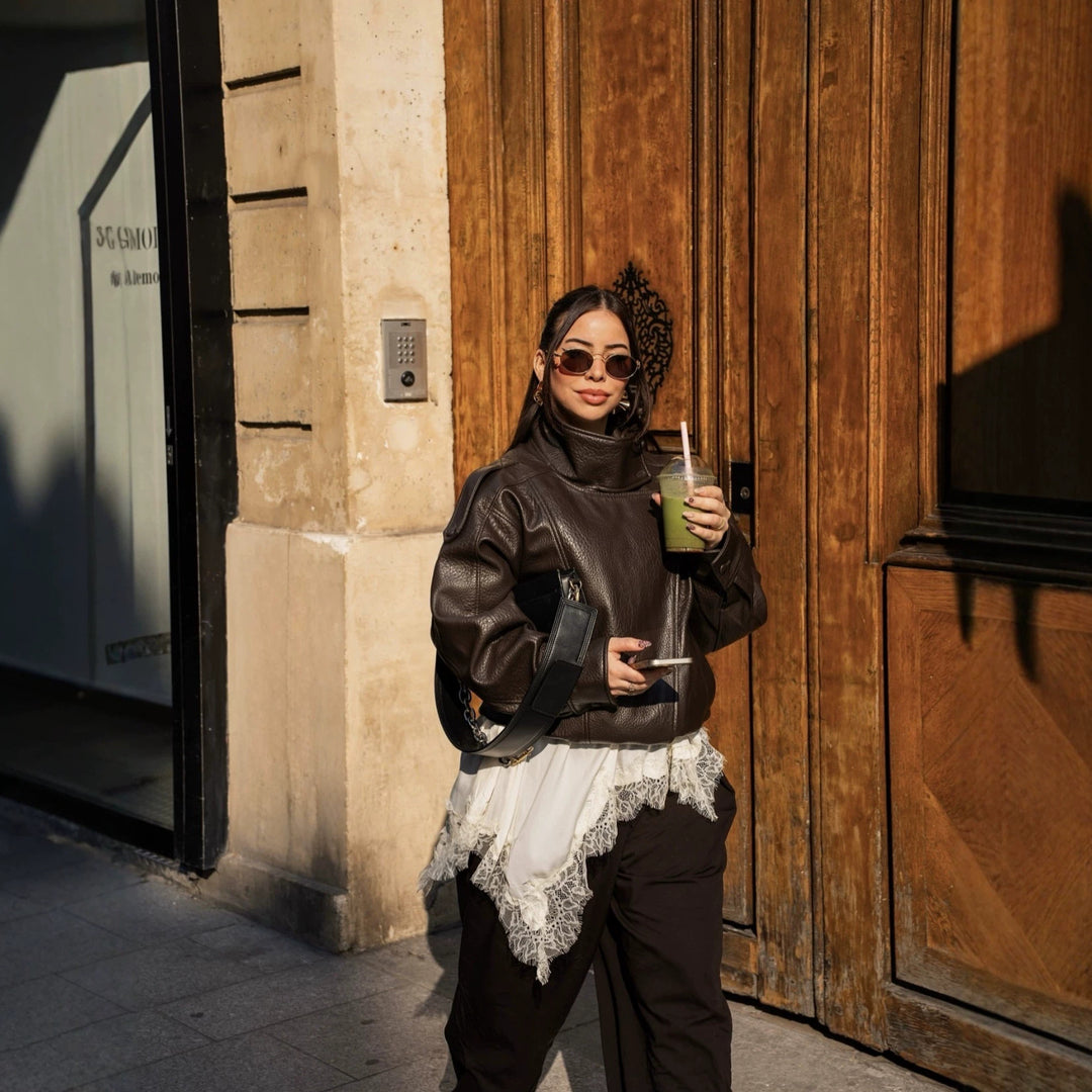 Women's cropped leather blouson with high stand collar, boxy silhouette, and voluminous sleeves Mune Fashion