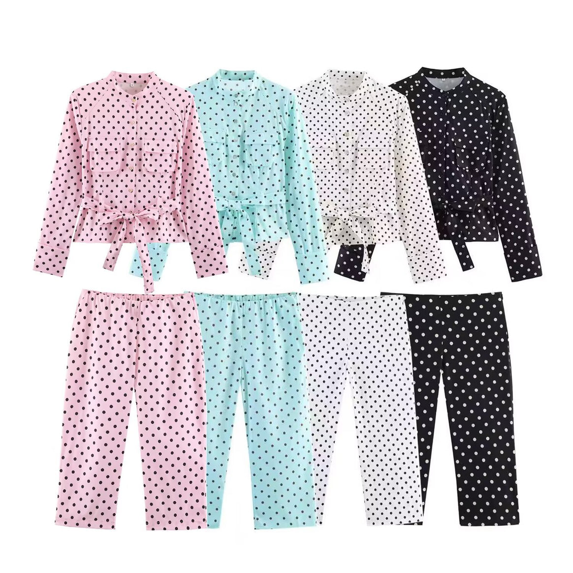 Women's Dotted Tailored Blouse Jacket with Stand Collar, Chest Pockets and Waistband Mune Fashion