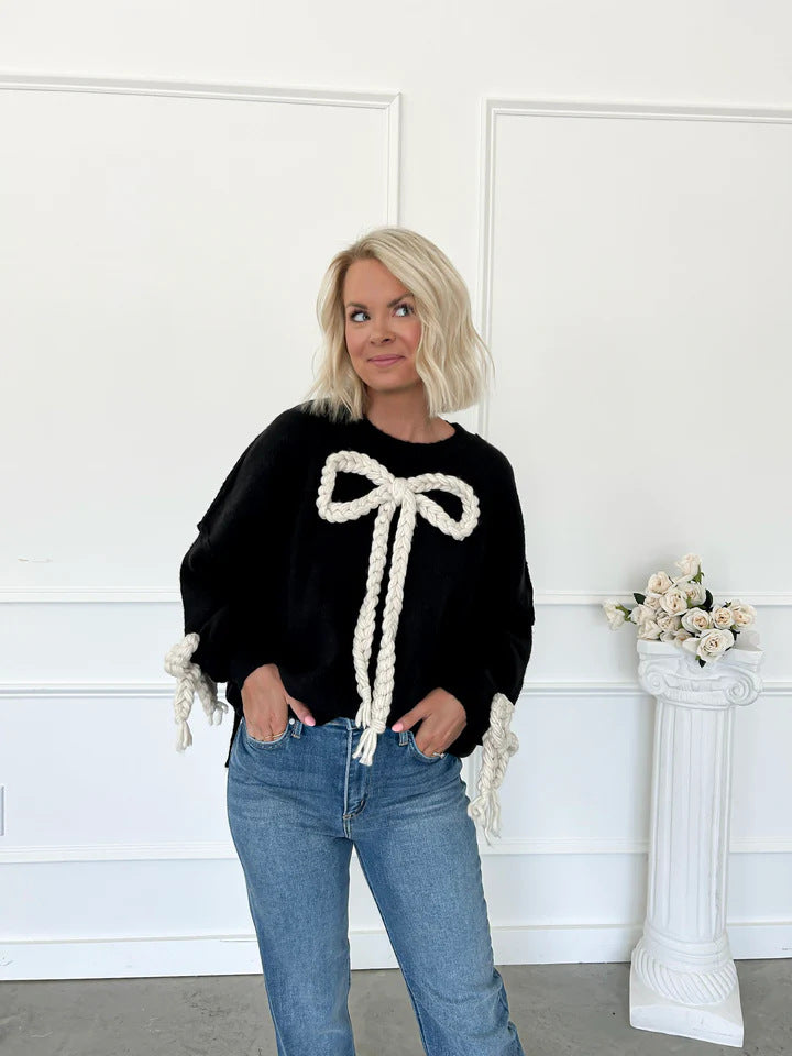Ladies' Fashionable Sweater with Decorative Knot Design