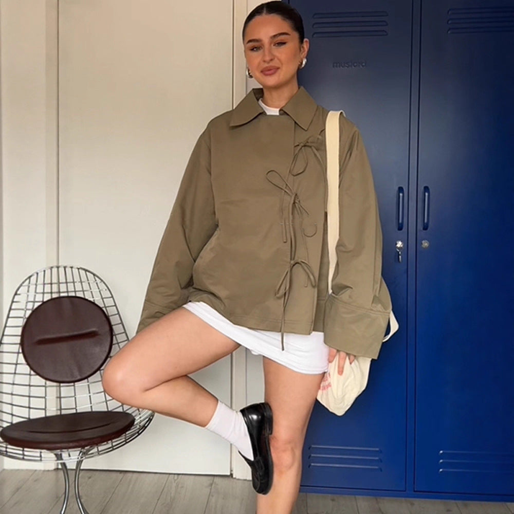 Women's Oversized Shirt Jacket with Decorative Knot Closures and Shirt Collar Mune Fashion