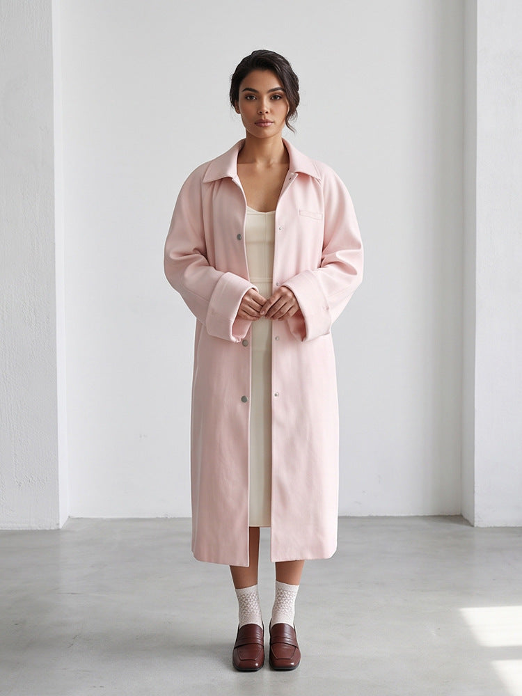Women's midi coat made of wool blend with dropped shoulders and concealed snap button placket Mune Fashion
