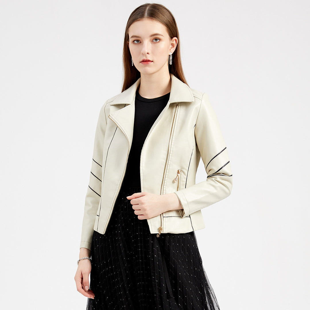 Women's tailored faux leather biker jacket with asymmetrical zipper and decorative seams Mune Fashion