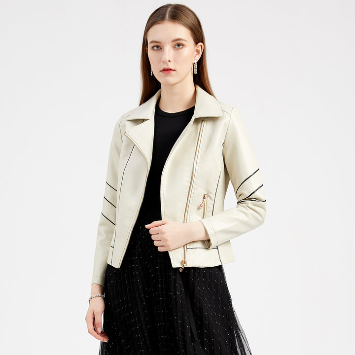 Women's tailored faux leather biker jacket with asymmetrical zipper and decorative seams Mune Fashion