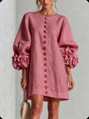 Women’s Short-Cut Linen Dress with 3D Flower Sleeves and Center Button Placket Mune Fashion
