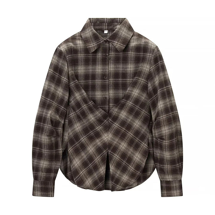 Women's overlapping check blouse with V-front, crossover hem and cuffs Mune Fashion
