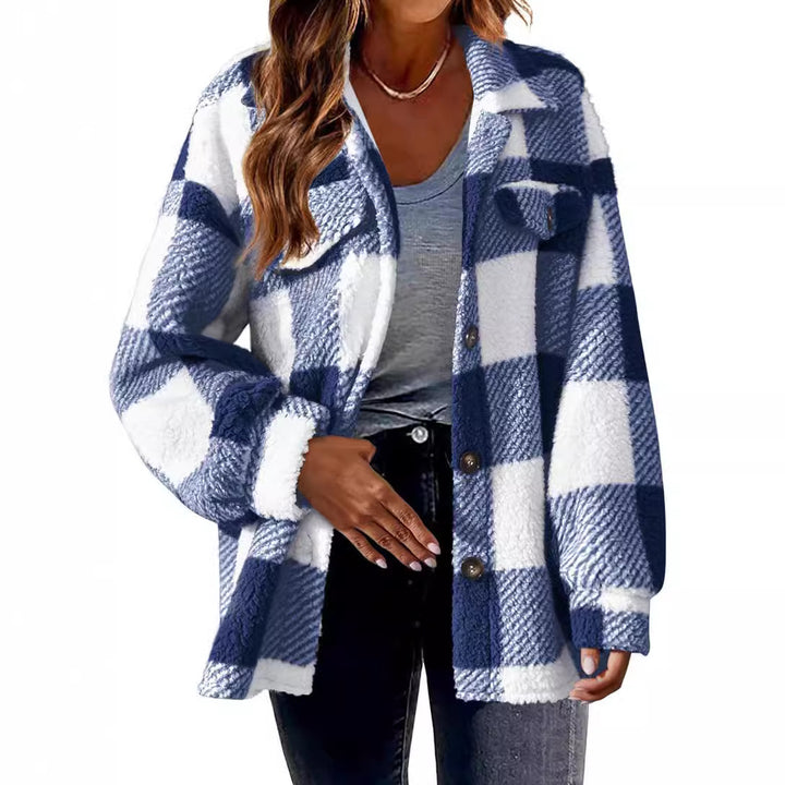 Women's cozy Sherpa check transitional jacket with chest pockets and generous oversized cut Mune Fashion