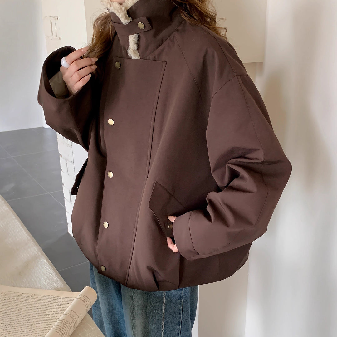 Women's Oversize Short Jacket with Teddy Collar and Flap Pockets Mune Fashion