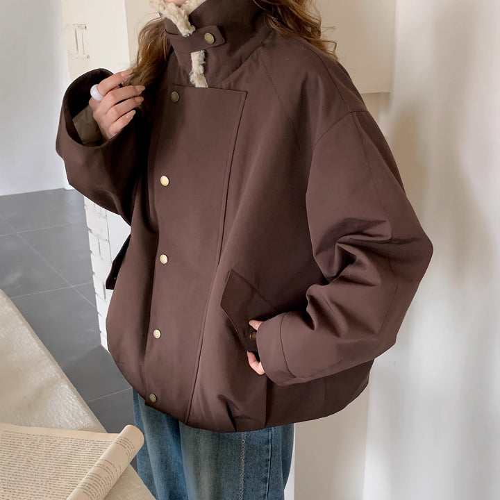 Women's Oversize Short Jacket with Teddy Collar and Flap Pockets Mune Fashion