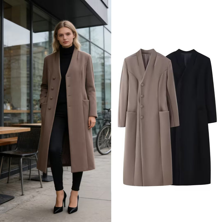 Women's Elegant Wool Look Maxi Coat with Concealed Button Placket and Patch Pockets Mune Fashion