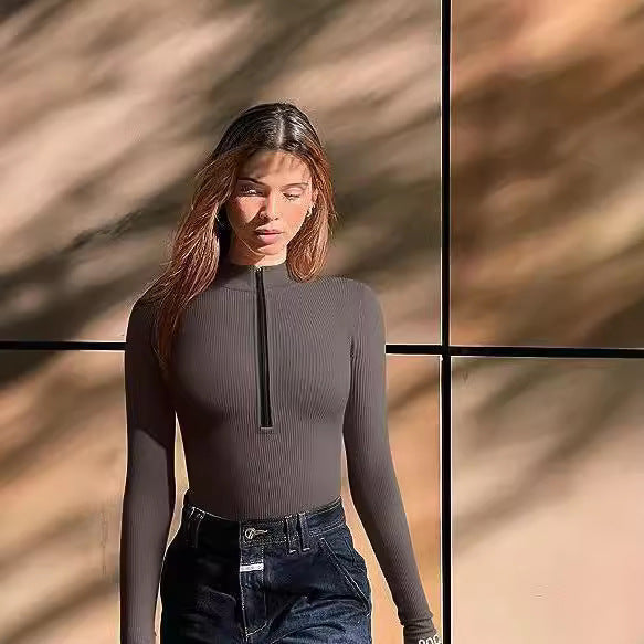 Women Slim-Fitting Ribbed Long Sleeve with Half Zip and Stand-Up Collar Mune Fashion
