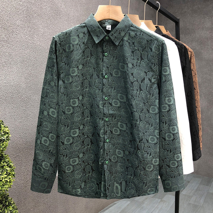 Men's Long Sleeve Jacquard Shirt with Fine Floral Relief and Kent Collar Mune Fashion