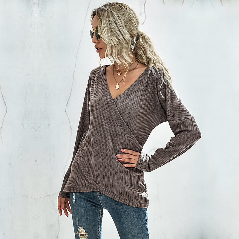 Women's Waffle Knit Wrap Top with V-Neck and Long Oversized Sleeve Fit Mune Fashion