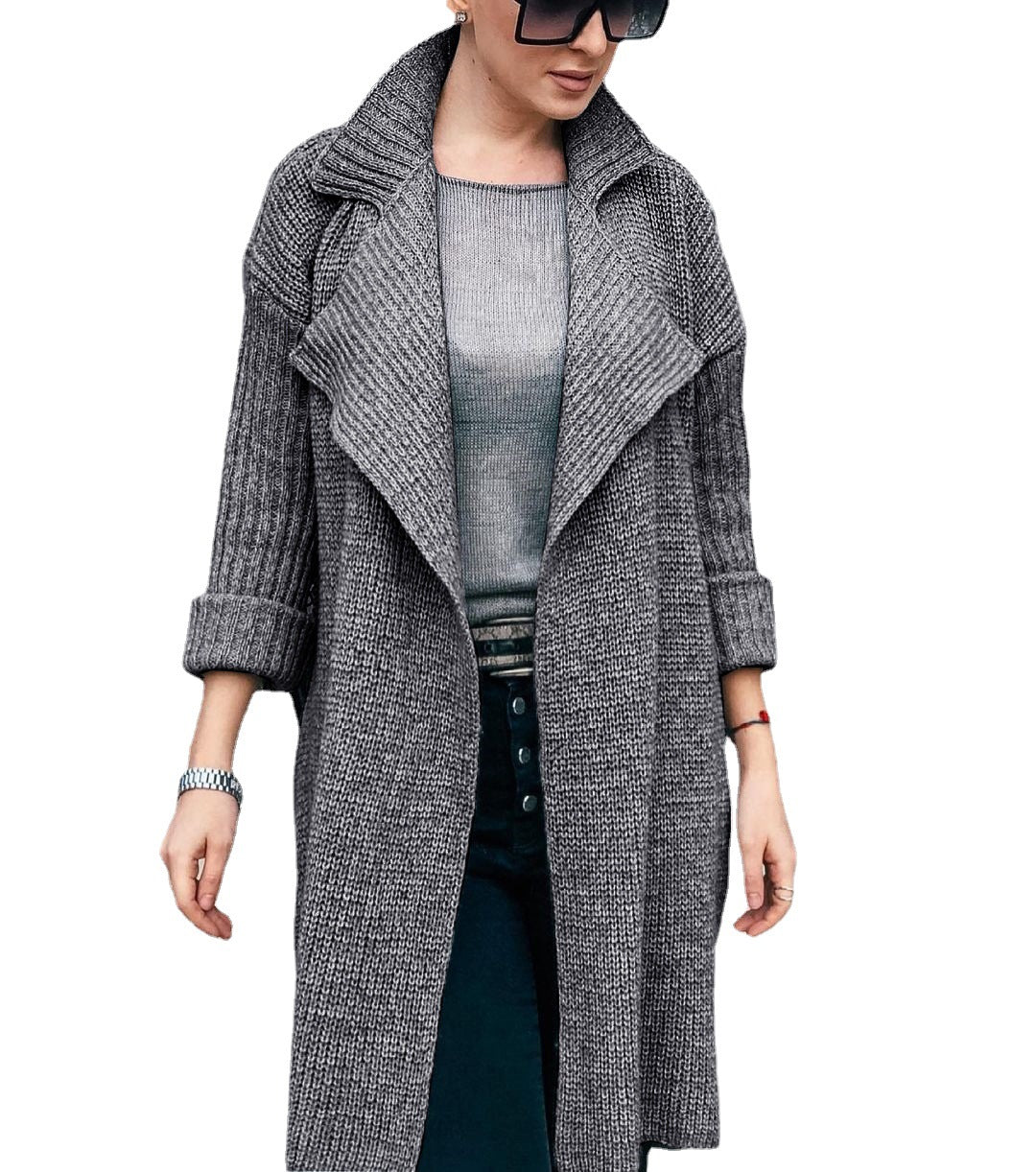Women Long Open Knit Coat with Shawl Collar and Cuffed Sleeves Mune Fashion