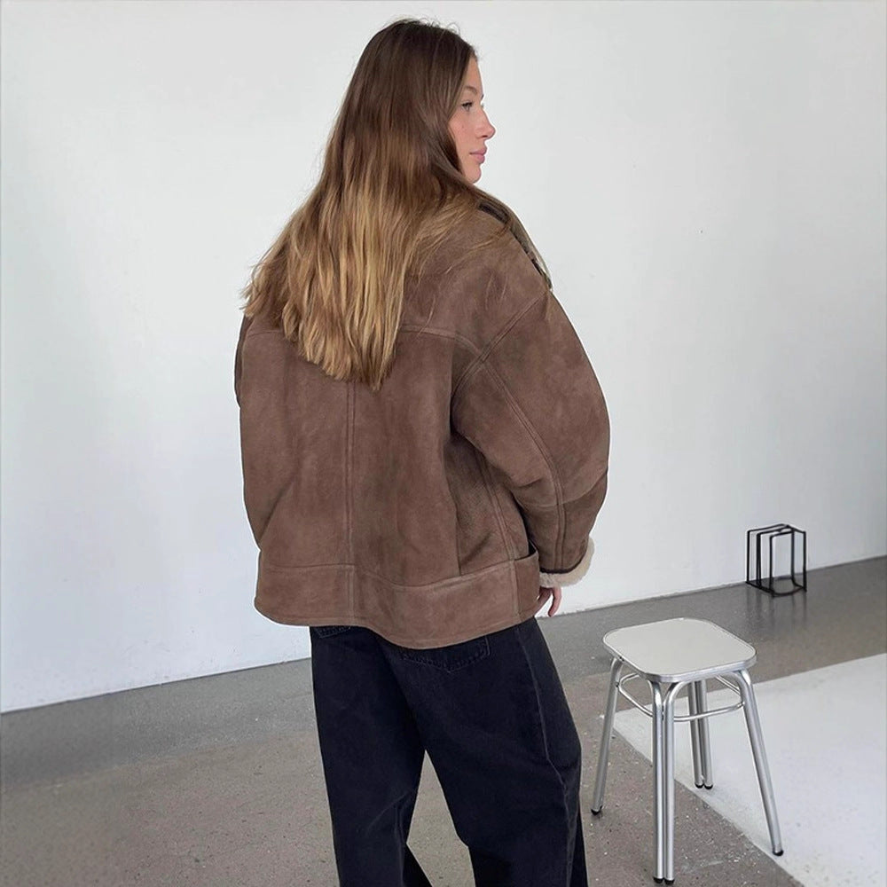 Women Oversize Shearling-Faux Flight Jacket with Contrasting Trim & Buckle Details Mune Fashion