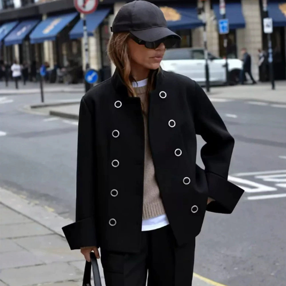 Women Short Cut Double Breasted Jacket with Stand-Up Collar, Eyelet Detail and Wide Cuffs Mune Fashion