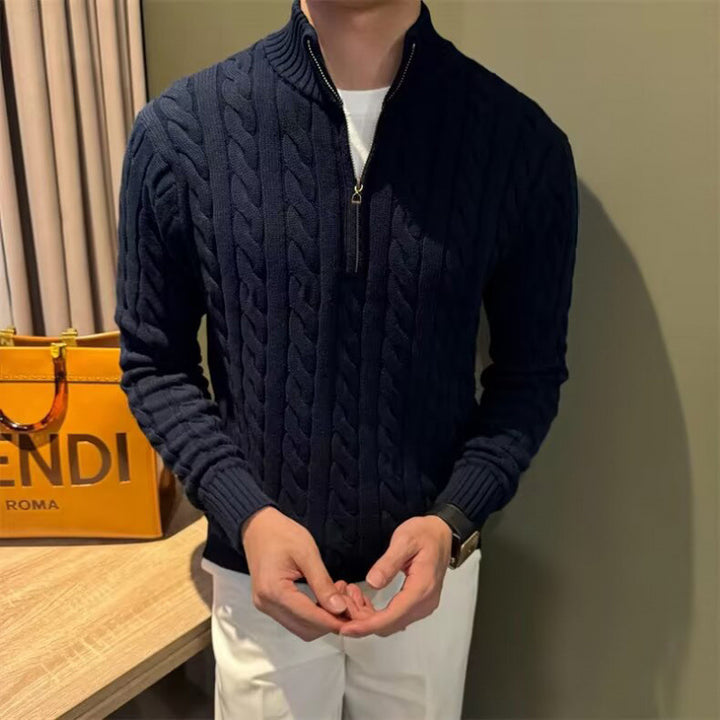 Men's Braided Knit Half-Zip Sweater with Stand-Up Collar Mune Fashion
