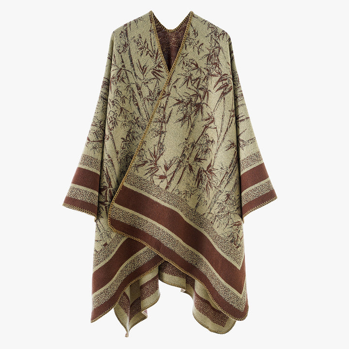 Women's Jacquard Poncho in Cape Style with Bamboo Design and Open Front Mune Fashion