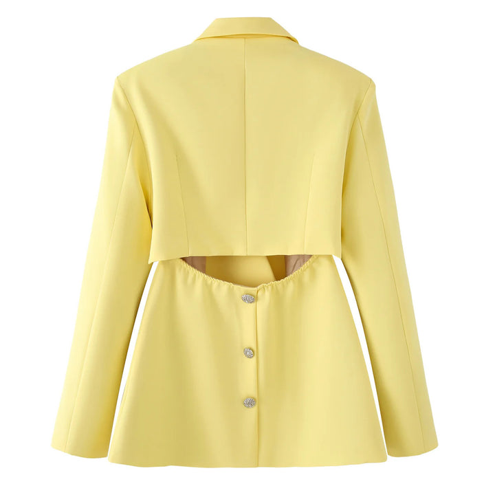 Women's tailored blazer with curved layered collar, figure-flattering darts, and decorative accent button Mune Fashion