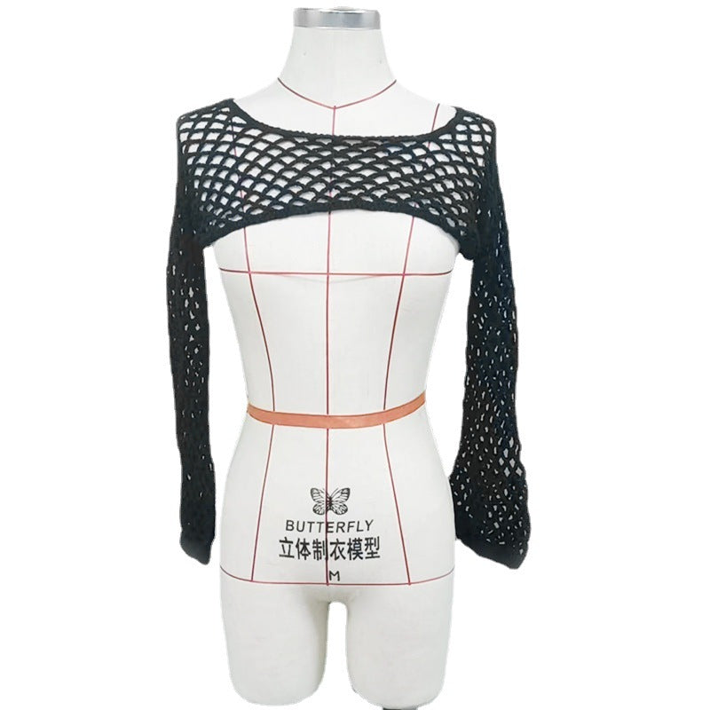 Ladies trendy mesh overlay with wide sleeves