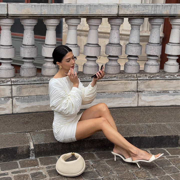 Women's gathered pleated mini dress with balloon sleeves and tailored silhouette Mune Fashion