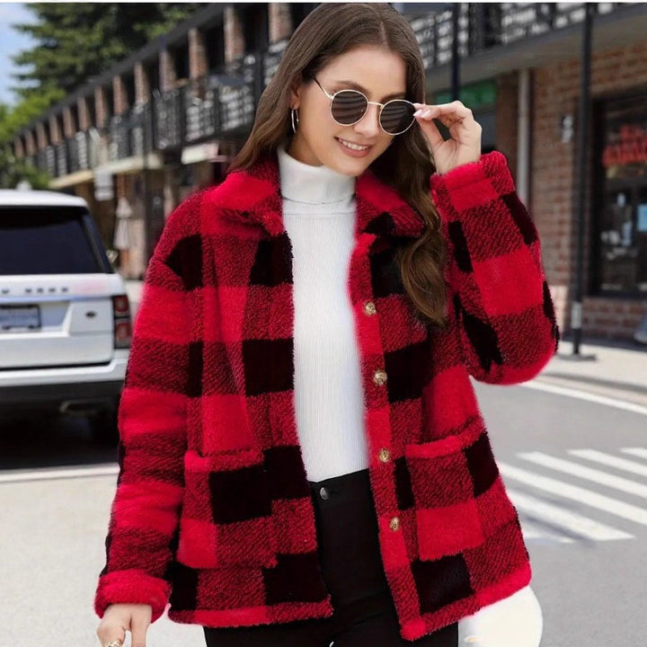 Ladies non-padded checkered teddy fleece shacket with button placket and patch pockets Mune Fashion