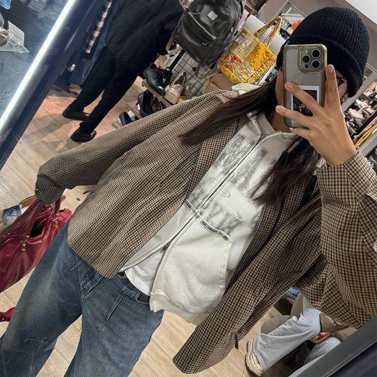 Women's Boxy Short Jacket in Glencheck with Elastic Hem and Zipper Mune Fashion