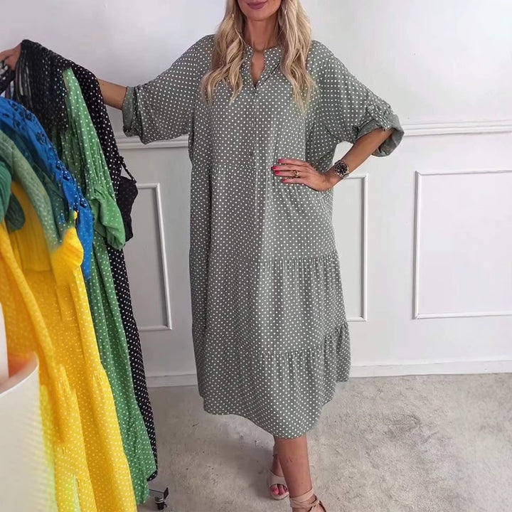 Ladies casual tiered midi dress with stand-up collar, concealed button placket and three-quarter sleeves Mune Fashion