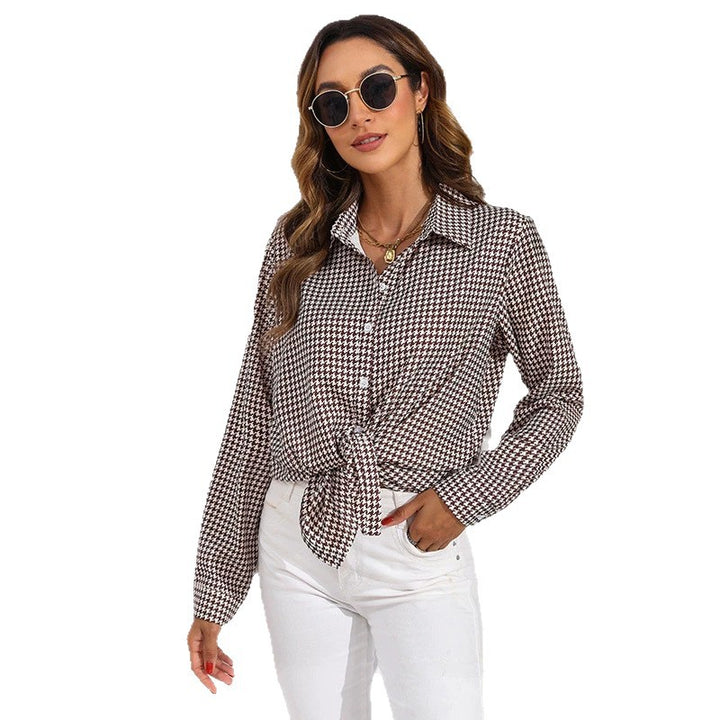 Women knotted houndstooth blouse with shirt collar and continuous button placket Mune Fashion