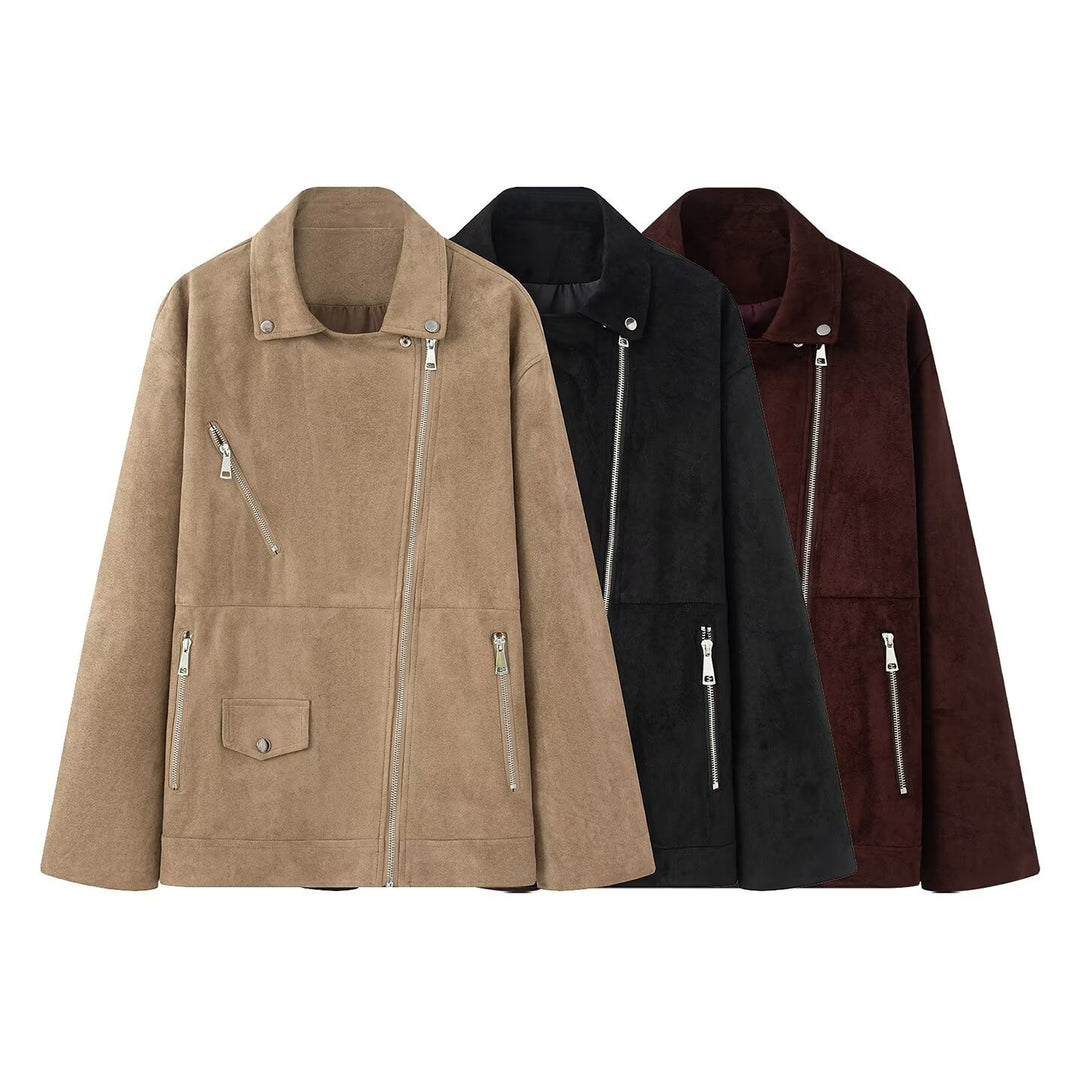 Women's long oversized biker jacket in velour look with diagonal zipper and multiple pockets Mune Fashion