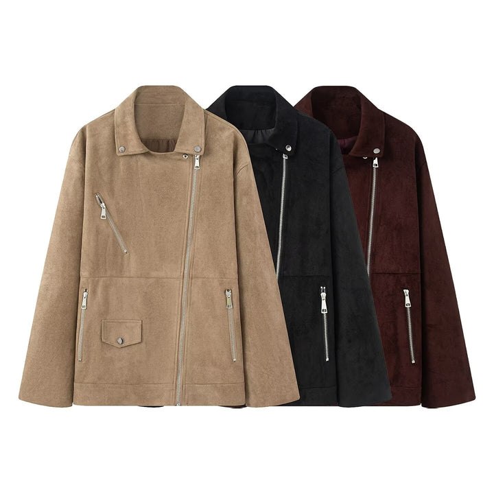 Women's long oversized biker jacket in velour look with diagonal zipper and multiple pockets Mune Fashion