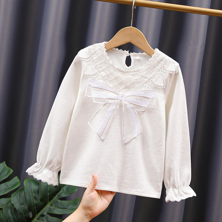 Girl Long Sleeve Blouse with Lace Trim and Bow Detail Mune Fashion