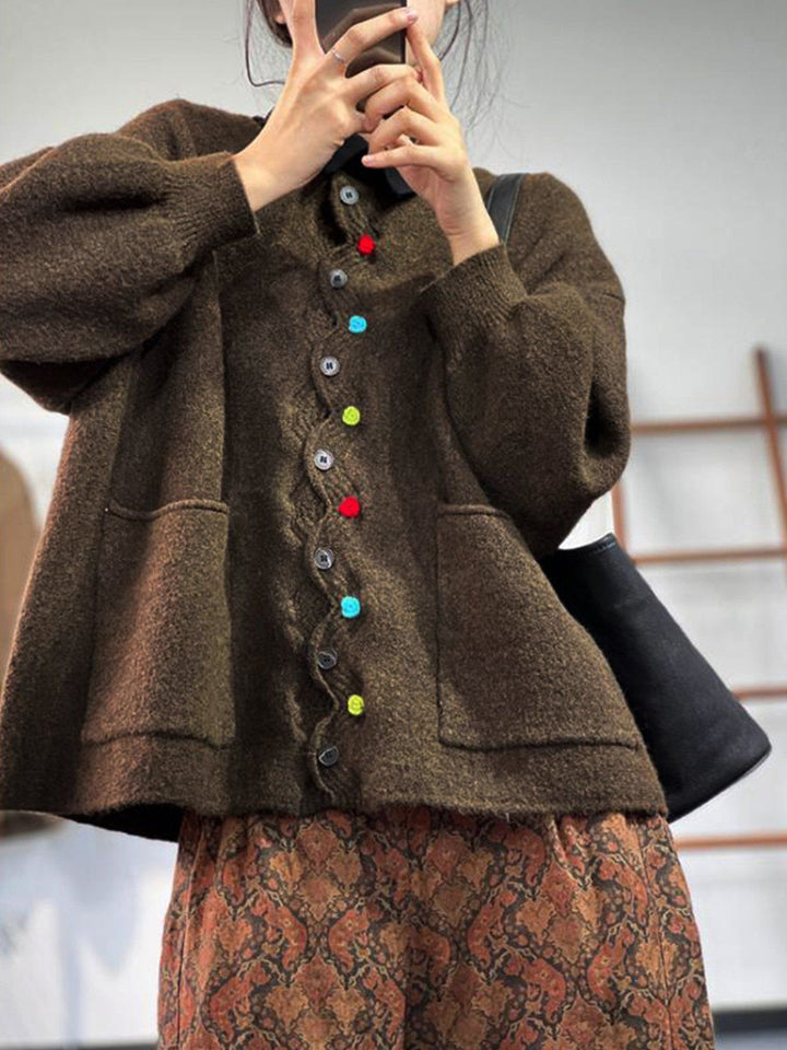 Women's Oversized Knit Cardigan with Decorative Button Placket and Patch Pockets Drune