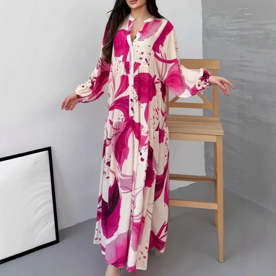 Women's Flowing Maxi Dress with Tiered Skirt, Dropped Balloon Sleeves and Stand Collar Mune Fashion