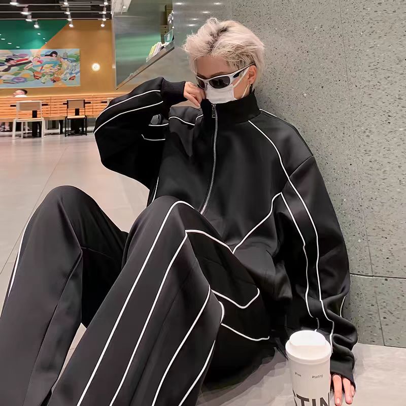 Unisex Oversize Tracksuit Set with Contrast Piping, Zip Jacket and Loose Fit Trousers Mune Fashion