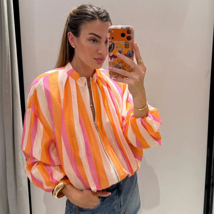 Women's Striped Lightweight Bomber Jacket with Balloon Sleeves and Stand Collar Mune Fashion