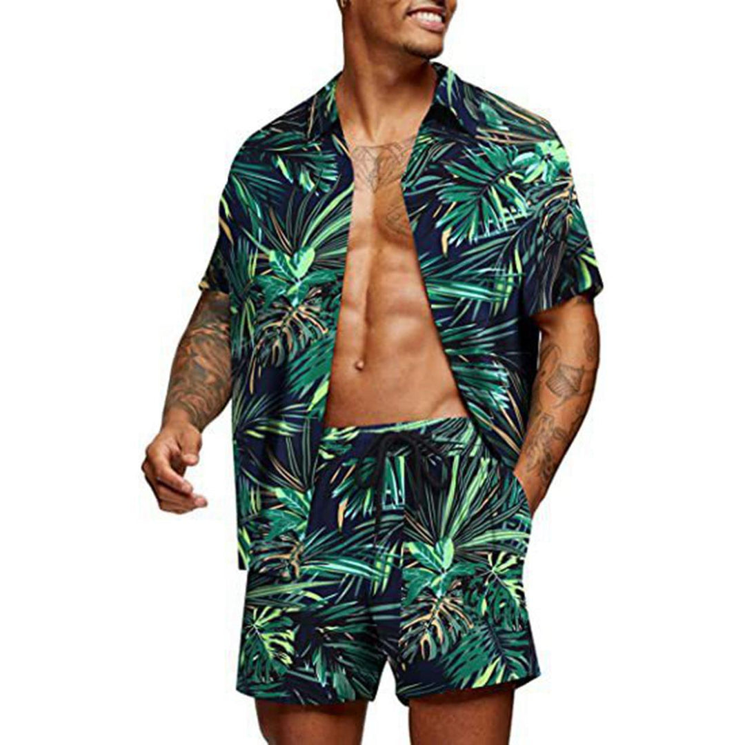 Men's tropical short sleeve shirt and swim shorts set with lapel collar, drawstring, and practical side pockets Mune Fashion