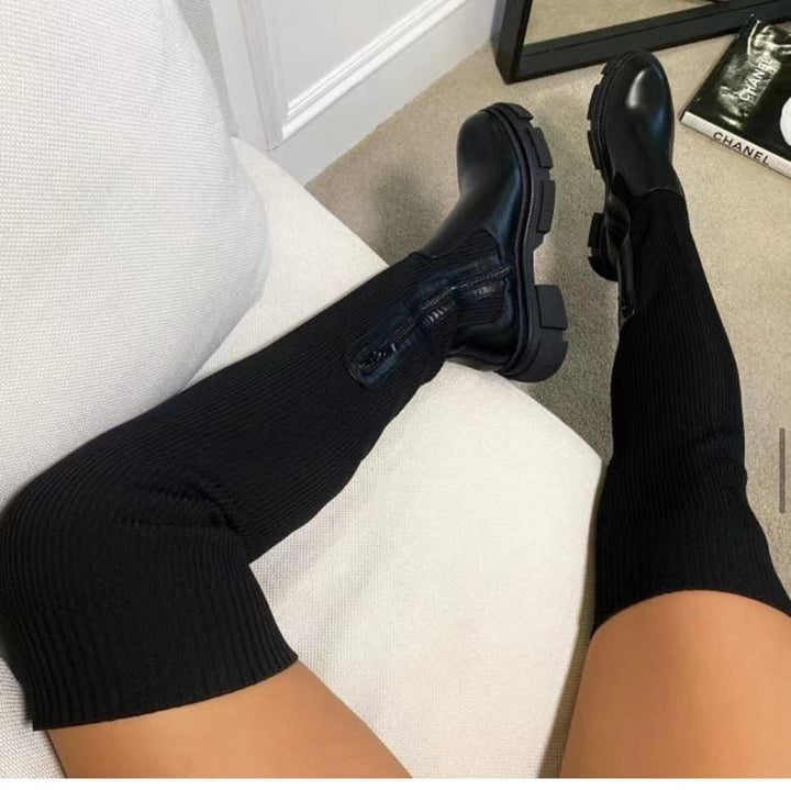 Ladies over-the-knee boots with elastic knit shaft, side zipper, and robust profile sole Mune Fashion