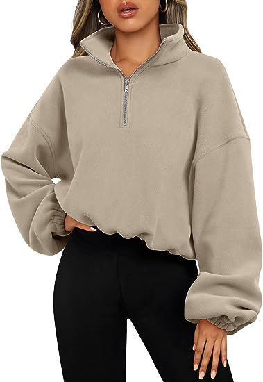Women's cropped half-zip sweatshirt with high standing collar, balloon sleeves and elastic hem Mune Fashion