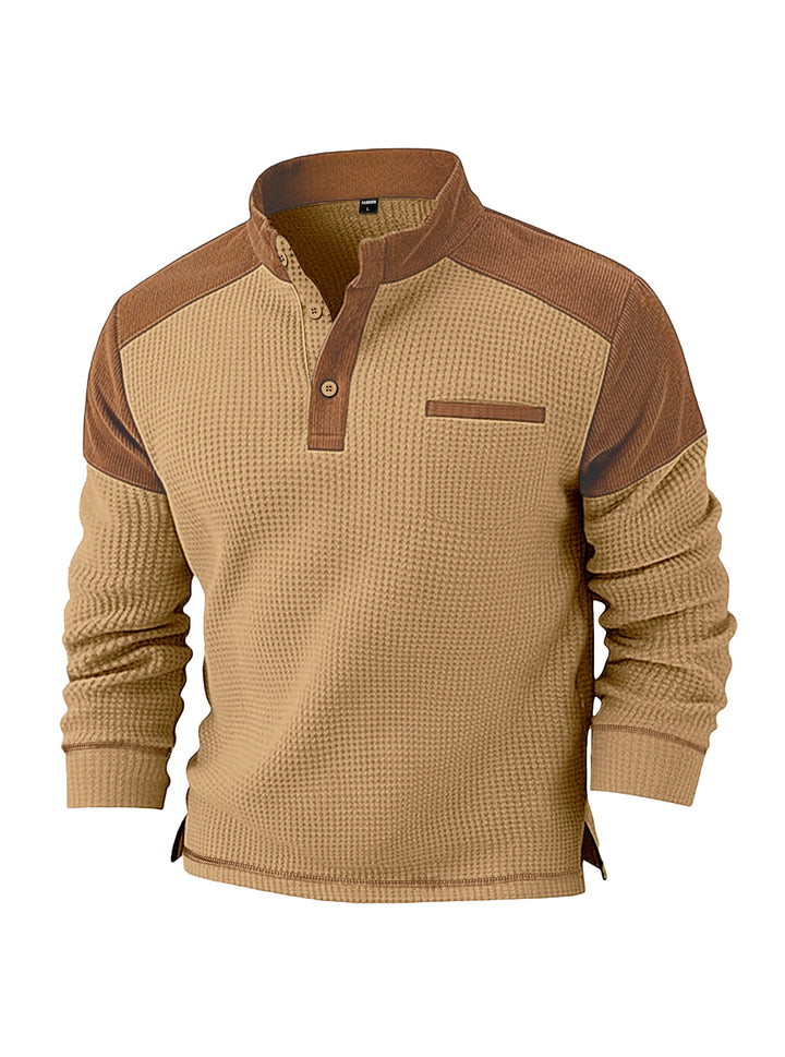 Men's waffle knit henley with stand-up collar, cord shoulder yoke and chest piping Mune Fashion