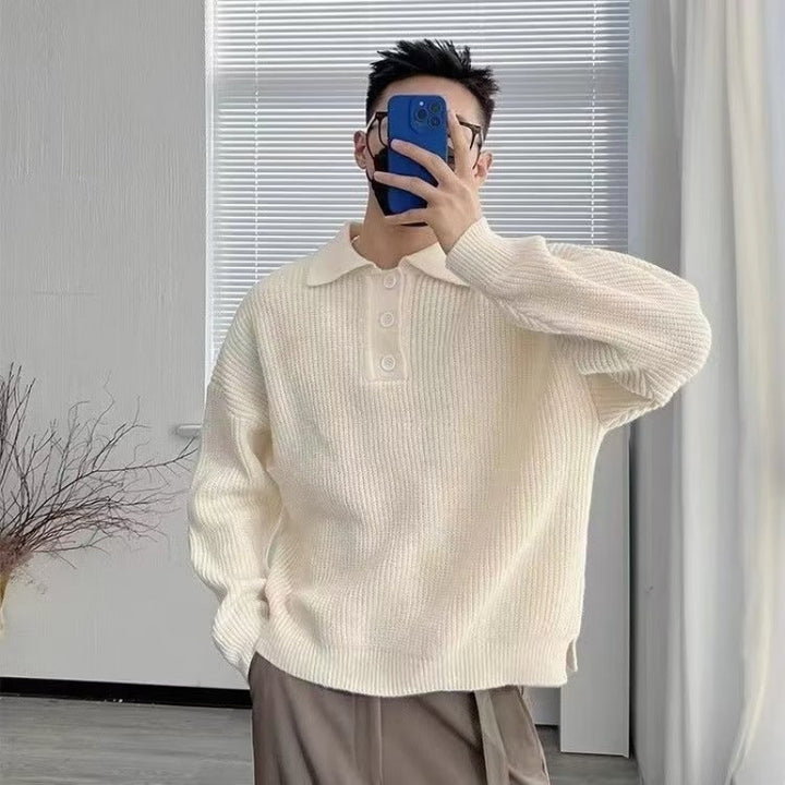 Men's fine-knit polo sweater with half-zip placket, ribbed structure, and side slits Mune Fashion