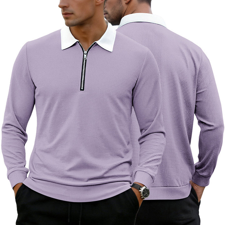 Men's Elegant Waffle Structure Polo Shirt with Half Zip and Contrast Collar Mune Fashion