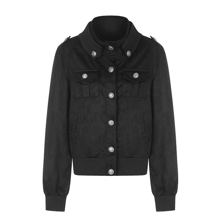 Women's Short Cut Velvet Velours Bomber Jacket with Decorative Buttons and Epaulets Mune Fashion
