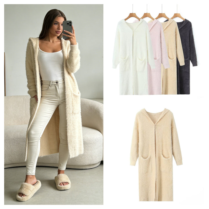 Women Longer fluffy hooded cardigan with patch pockets and open front Mune Fashion