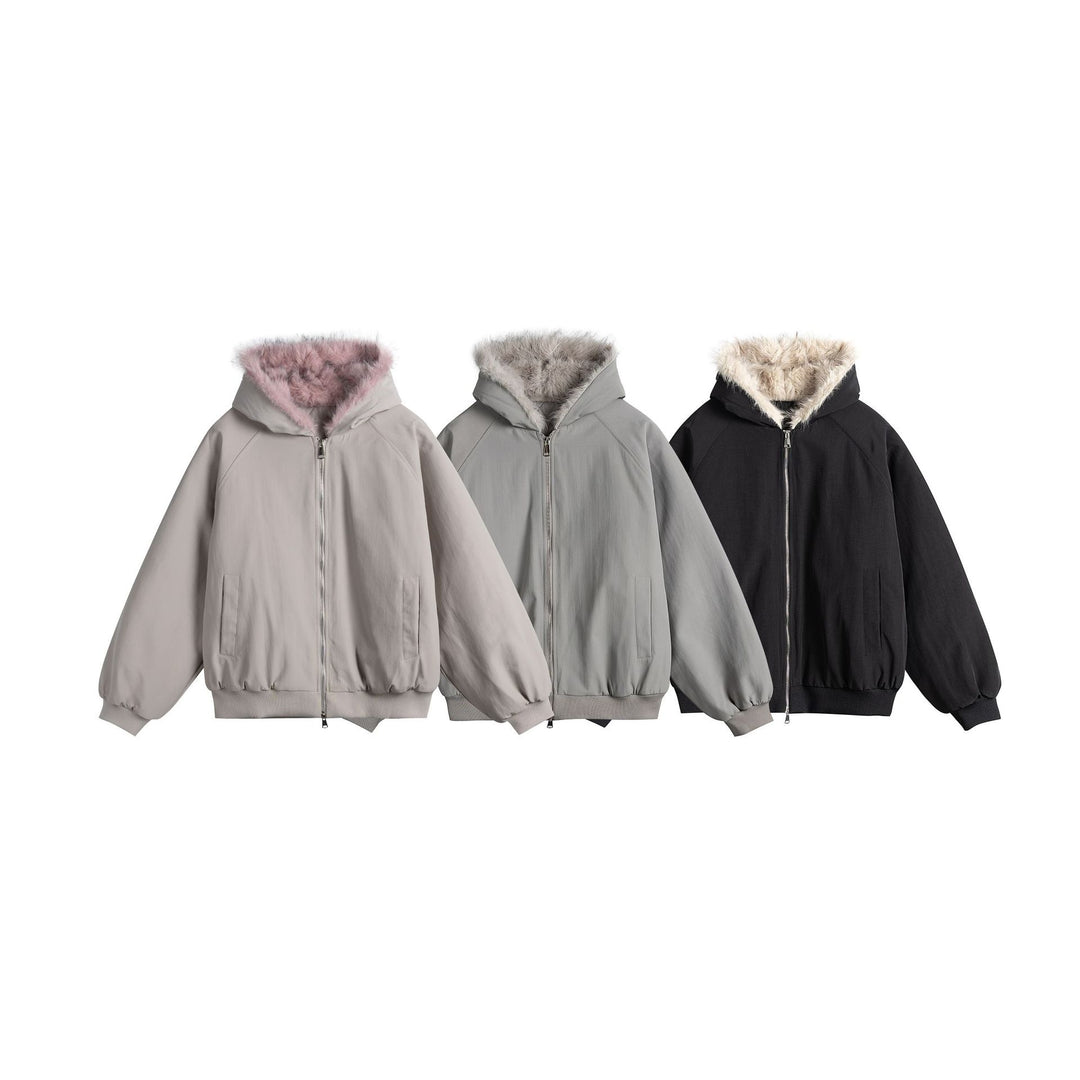 Women Oversized Bomber Jacket with Faux Fur Lined Hood and Raglan Sleeves Mune Fashion